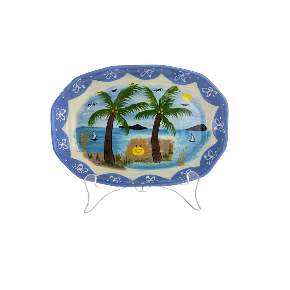 Hand-Painted Ceramic Tropical Jewelry Trinket Dish With Palm Trees & Ocean Scene